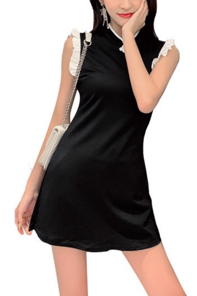 Summer New Arrival Hot Fashion Black Vintage Chic Sleeveless Frog Button Lace Trim Mini Dress