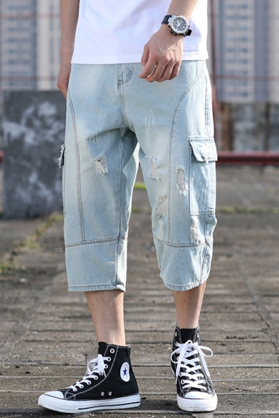 Summer New Stylish Simple Plain Flap Pocket Side Loose Fit Light Blue Cropped Ripped Jeans for Men