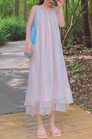 Summer New Trendy Unique Rainbow Color Halter Sleeveless Layer Hem Midi A-Line Dress