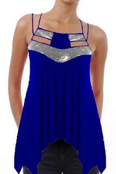 

Summer Sexy Strappy Sleeveless Chic Sequined Patched Asymmetrical Pleated Cami Top, Black;blue;red;rose red;purple;peacock blue, LM542391