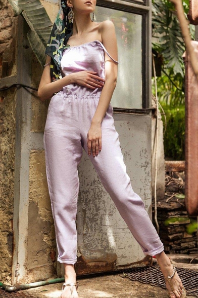 Summer Street Style Chic Spaghetti Straps Sleeveless Elastic Waist Purple Slim Jumpsuits