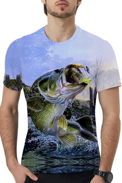 Summer Stylish 3D Fish Printed Round Neck Short Sleeve Fitted Unisex T-Shirt