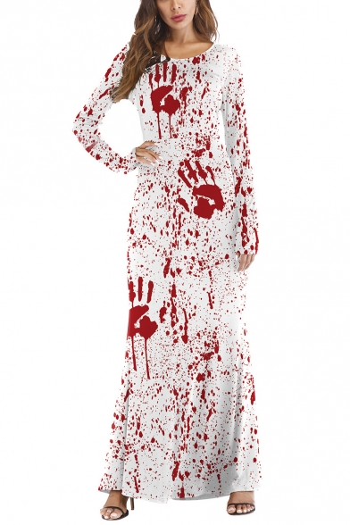 Summer Stylish Halloween Style Red Hand Print Long Sleeves Party Maxi Dress