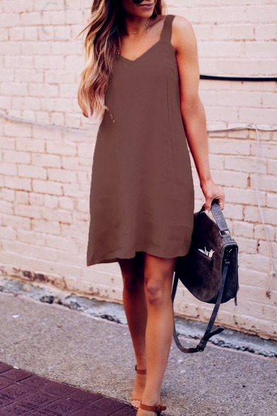 Summer Stylish Plain V-Neck Sleeveless Mini Casual Strap Dress