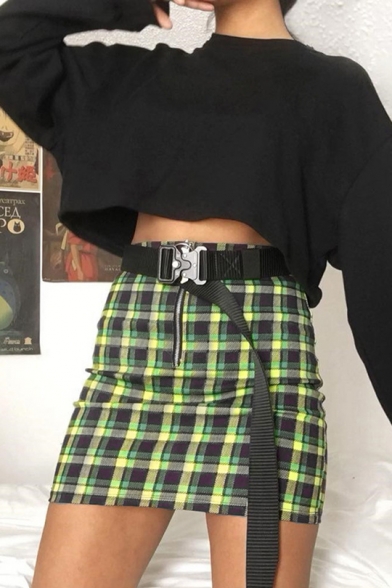 Summer Trendy Green Plaid Pattern Zipper-Fly Mini Bodycon Skirt