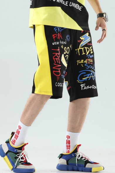 Summer Trendy Letter Graffiti Printed Contrast Tape Patched Drawstring Waist Black Cotton Sports Sweat Shorts
