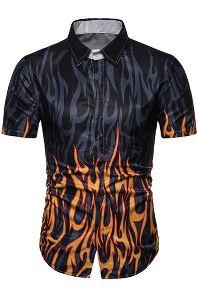 Summer Unique Stylish Ombre Fire Print Mens Black Short Sleeve Slim Shirt