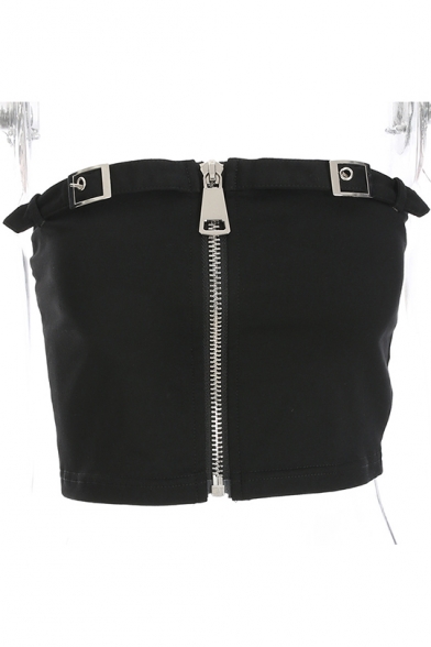 Summer Womens Stylish Black Buckled Hem Zipper Front Slim Crop Bandeau Top
