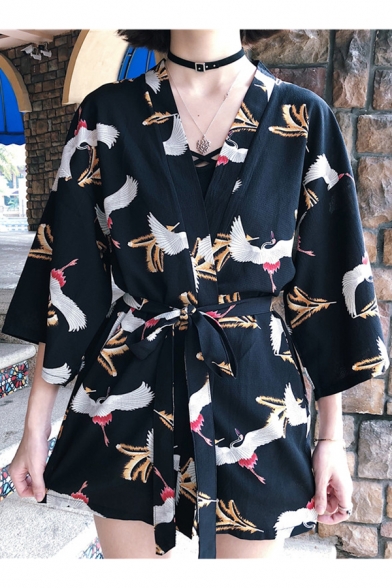Summer Womens Trendy Crane Pattern Three-Quarter Sleeve Holiday Kimono Blouse