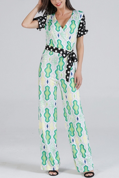 Summer Womens Trendy Green Surplice V-Neck Short Sleeve Polka Dot Print Tied Waist Jumpsuits