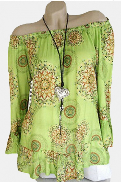 Trendy Apple Green Tribal Printed Off the Shoulder Long Sleeve Loose Fit Blouse Top