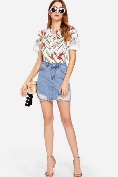 Trendy Floral Printed Bow-Tied Collar Lace Panel Short Sleeve Shirt