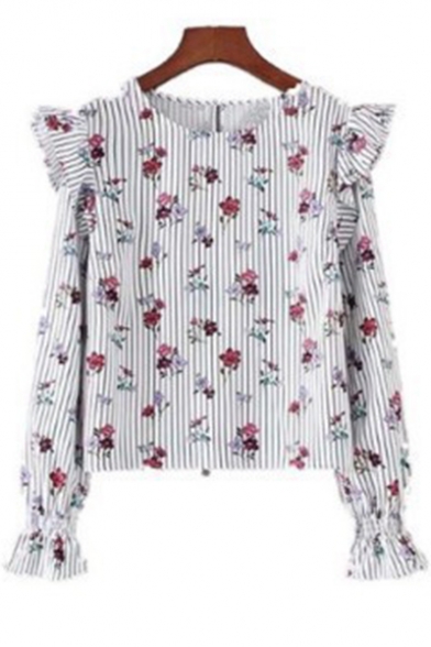 Trendy Floral Striped Printed Round Neck Ruffled Shoulder Long Sleeve Blouse