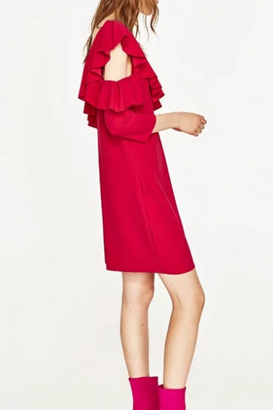 Trendy Plain Red One Shoulder Cutout Sleeve Ruffled Hem Mini Shift Dress