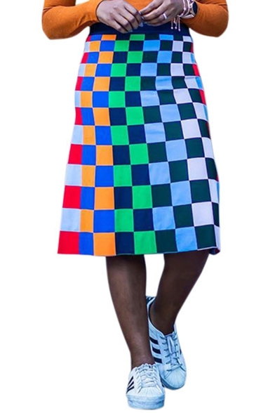 Trendy Rainbow Check Print Elastic Waist Straight A-line Mini Skirt