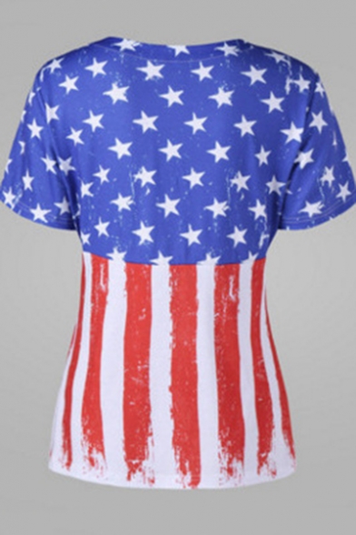 Trendy Star Stripe Flag Printed Knotted V-Neck Short Sleeve Fitted T-Shirt