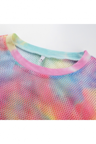 Trendy Unique Colorful Painting Round Neck Hollow Out Mesh Cropped Tee