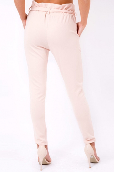 Trendy Womens Plain Paperbag Waist Self Tie Fitted Tapered Pants