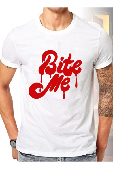 Unique Cool Blood Letter BITE ME Print Round Neck Short Sleeve White Tee