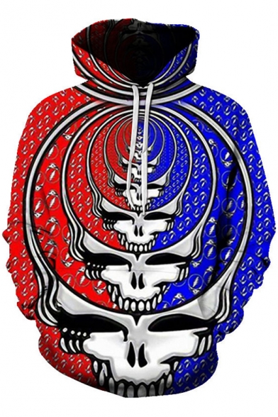 Unique Cool Blue and Red Skull 3D Print Sport Casual Unisex Hoodie