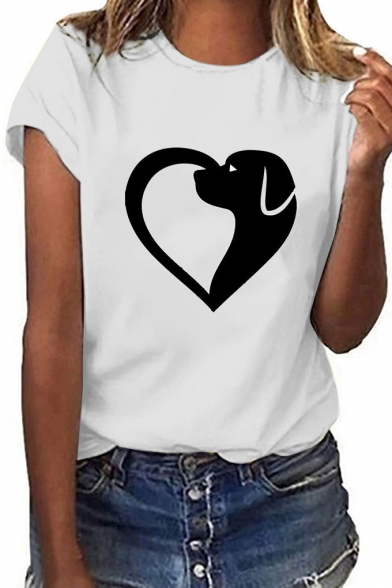 Unique Funny Cartoon Heart Shaped Dog Print Short Sleeve Round Neck Loose Fit T-Shirt