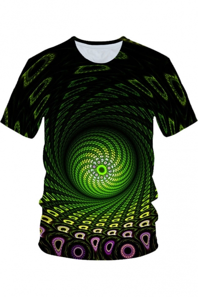 Unique Stylish Green Whirlpool 3D Printed Round Neck Short Sleeve Tee