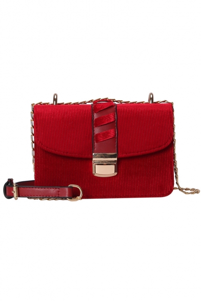 Women's Elegant Fashion Solid Color Belt Buckle Corduroy Crisscross Bag with Chain Strap 19*12*9 CM