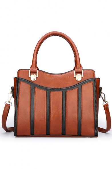 Women's Fashion Color Block Patched PU Leather Vintage Satchel Messenger Handbag 28*11*22 CM