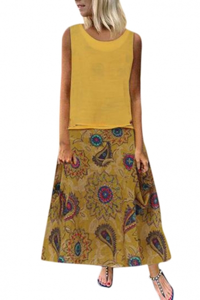 Womens Classic Vintage Tribal Print Round Neck Sleeveless Cotton and Linen Maxi Swing Tank Dress