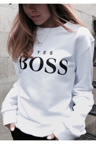Womens Cool Street Letter YES BOSS Print Crewneck Long Sleeve Pullover Sweatshirt