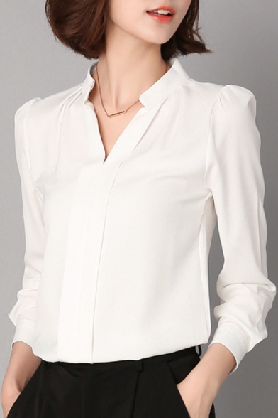 Womens Elegant Solid Color V-Neck Long Sleeve Simple Plain Chiffon Blouse Top