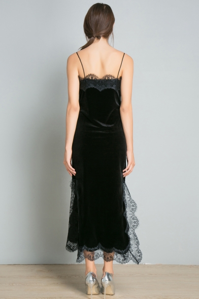 Womens Fancy Black Lace-Trimmed Split Side Maxi Velvet Slip Dress
