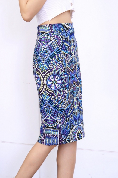 Womens Fancy Ethnic Style Geometric Print Split Back Midi Blue Pencil Skirt