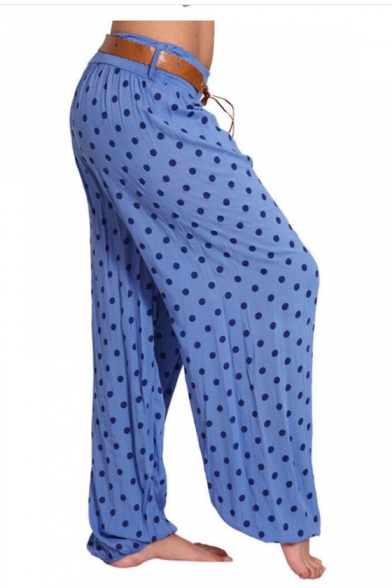 Womens Fashion Fancy Polka Dot Printed Belt Waist Casual Loose Holiday Bloomer Pants