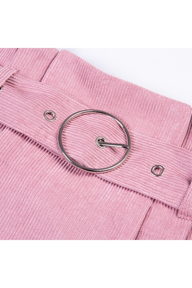 Womens Fashion Paperbag High Waist Belt- Tie Pink Corduroy A-Line Mini Skirt