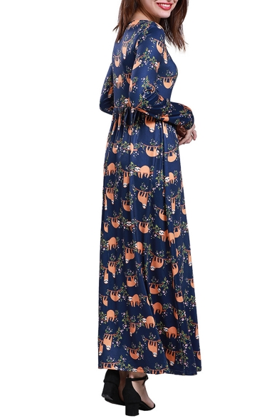 Womens Hot Fashion Long Sleeves Sloth Print High Waist Flared Maxi Dress