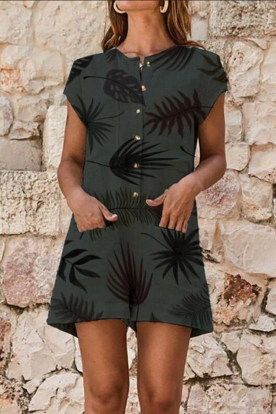Womens Hot Fashion Summer Holiday Leaf Print Button Front Short Sleeve Beach Romper