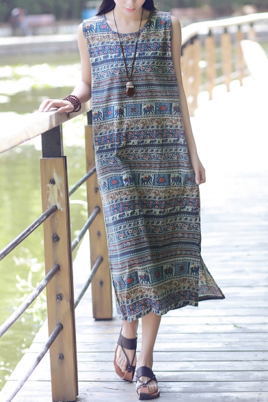 Womens Hot Popular Tribal Print Sleeveless Split Side Maxi Shift Tank Dress