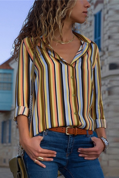 Womens Hot Popular Vertical Stripe Print Long Sleeve Chiffon Button Shirt