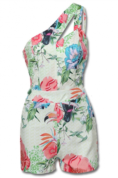 Womens Hot Stylish Floral Printed One Shoulder Sleeveless Holiday Skinny Rompers