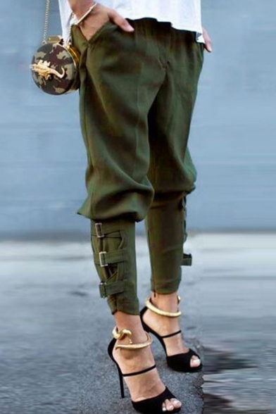 Womens Hot Stylish Plain Casual Military Tactical Buckle-Cuff Harem Pants