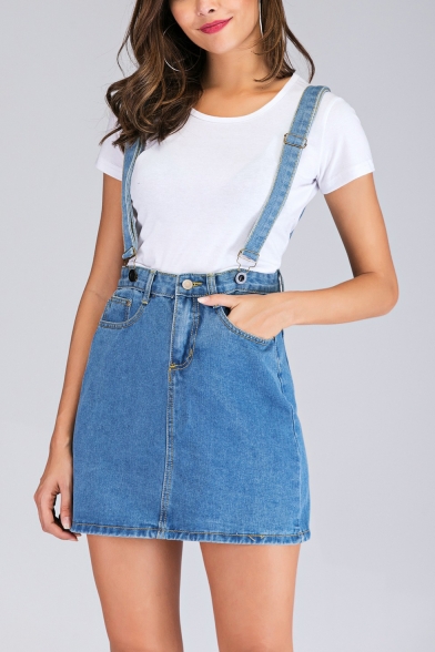 Womens New Stylish Mini A-Line Overall Suspender Denim Skirt