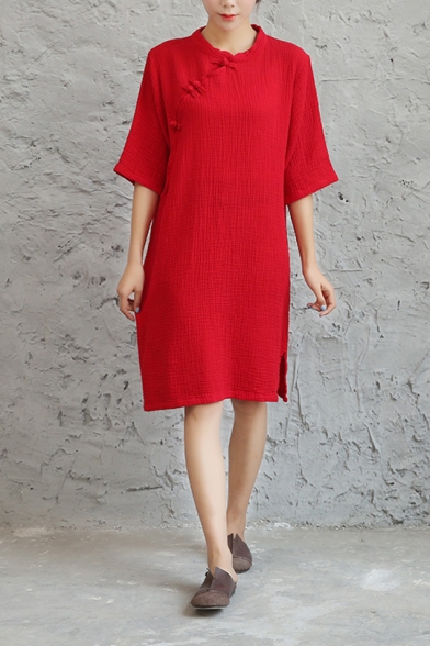 Womens Retro Chinese Style Frog Button Front Round Neck Half Sleeve Split Side Midi Linen Dress