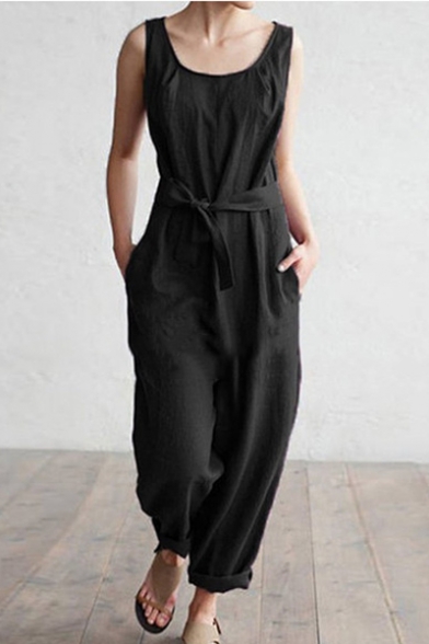 Womens Scoop Collar Sleeveless Tie-Waist Pocket Front Plain Casual Loose Jumpsuits