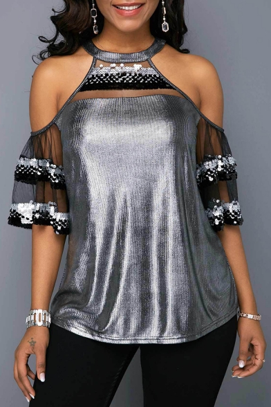 Womens Sexy Cold Shoulder Mesh Panel Sequined Silver Party T-Shirt