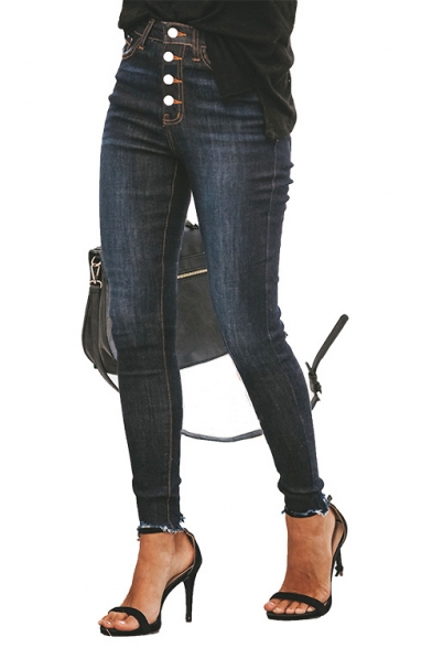Womens Stylish Basic Button-Fly Raw Hem Skinny Fit Jeans