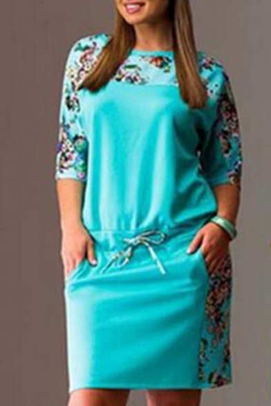 Womens Stylish Oversize Floral Print Half Sleeves Drawstring Waist Pocket Front T-Shirt Dress
