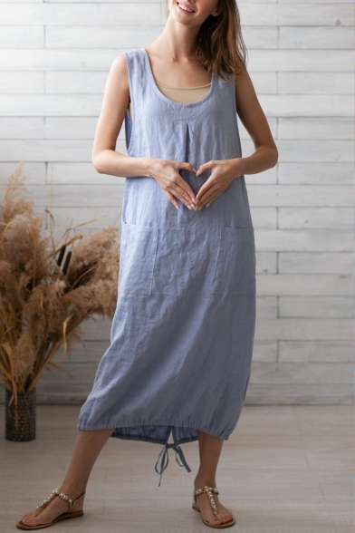 Womens Stylish Scoop Neck Sleeveless Drawstring Hem Plain Light Blue Maxi Linen Tank Dress