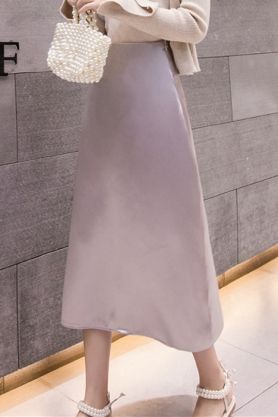 Womens Stylish Simple Plain Soft Silk Maxi Swing Skirt