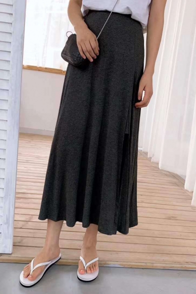 Womens Summer Simple Plain High Slit Side Modal Maxi Skirt